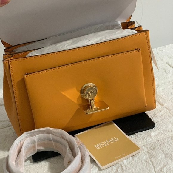 BNWT MICHAEL KORS LITA MEDIUM LEATHER CROSSBODY BAG | TOP HANDLE PURSE | GOLD HA - Picture 3 of 8